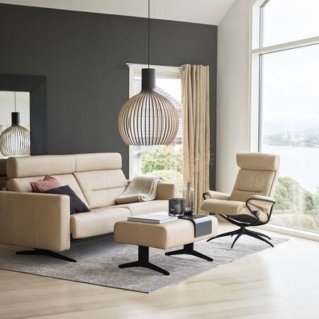Stressless - Stella 2,5 Seater Headrest Paloma Beige Black Legs Ottoman Tokyo Low Headrest Paloma Beige Black Legs